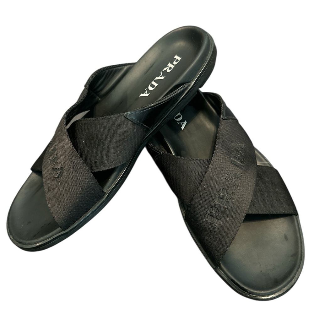 Prada Brushed Leather and Re-Nylon Tape Crisscross Slides - Picture 2 of 5